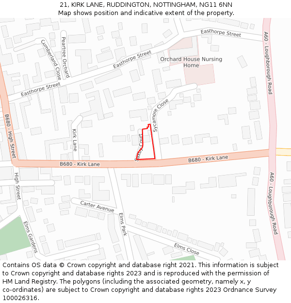 21, KIRK LANE, RUDDINGTON, NOTTINGHAM, NG11 6NN: Location map and indicative extent of plot