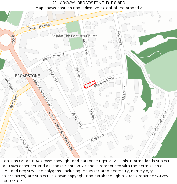 21, KIRKWAY, BROADSTONE, BH18 8ED: Location map and indicative extent of plot