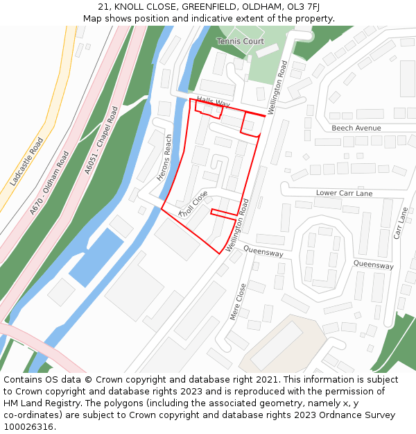 21, KNOLL CLOSE, GREENFIELD, OLDHAM, OL3 7FJ: Location map and indicative extent of plot