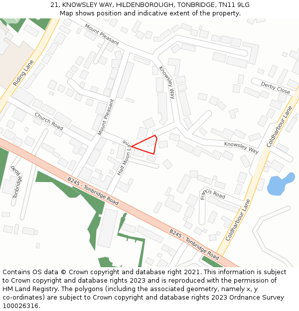 21, KNOWSLEY WAY, HILDENBOROUGH, TONBRIDGE, TN11 9LG: Location map and indicative extent of plot