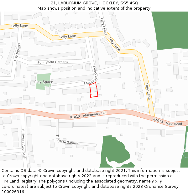 21, LABURNUM GROVE, HOCKLEY, SS5 4SQ: Location map and indicative extent of plot