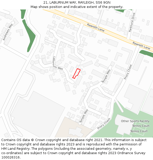 21, LABURNUM WAY, RAYLEIGH, SS6 9GN: Location map and indicative extent of plot