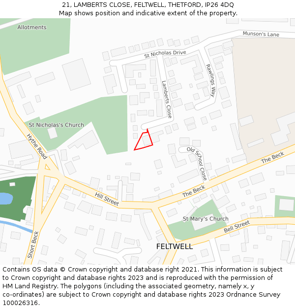 21, LAMBERTS CLOSE, FELTWELL, THETFORD, IP26 4DQ: Location map and indicative extent of plot