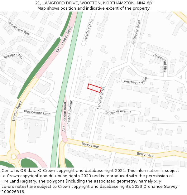 21, LANGFORD DRIVE, WOOTTON, NORTHAMPTON, NN4 6JY: Location map and indicative extent of plot