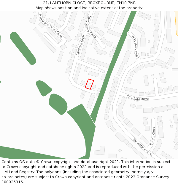 21, LANTHORN CLOSE, BROXBOURNE, EN10 7NR: Location map and indicative extent of plot