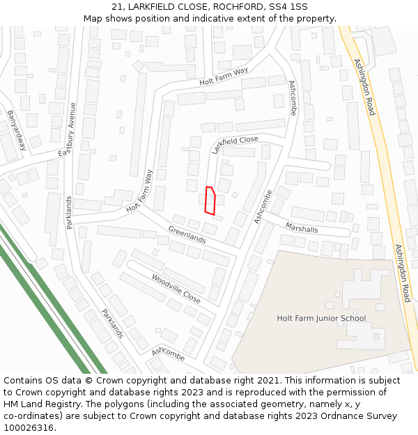 21, LARKFIELD CLOSE, ROCHFORD, SS4 1SS: Location map and indicative extent of plot