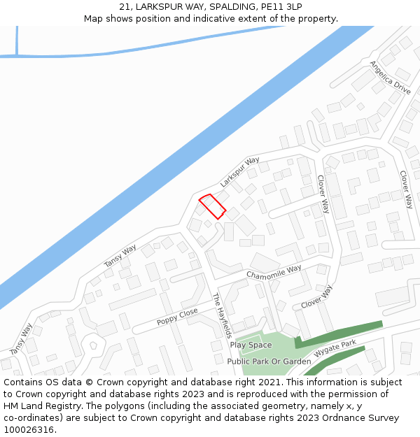 21, LARKSPUR WAY, SPALDING, PE11 3LP: Location map and indicative extent of plot