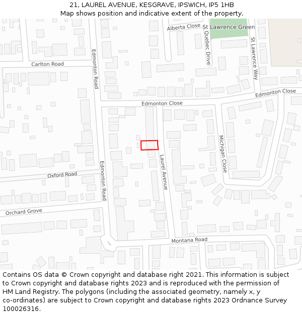 21, LAUREL AVENUE, KESGRAVE, IPSWICH, IP5 1HB: Location map and indicative extent of plot