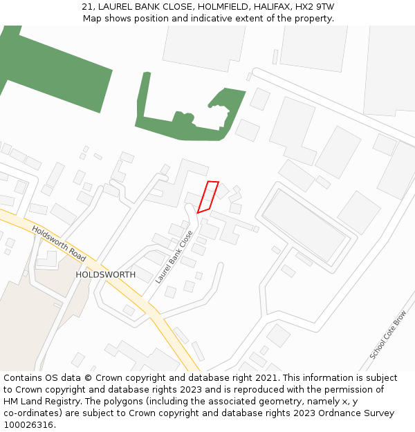 21, LAUREL BANK CLOSE, HOLMFIELD, HALIFAX, HX2 9TW: Location map and indicative extent of plot