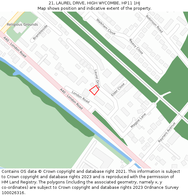 21, LAUREL DRIVE, HIGH WYCOMBE, HP11 1HJ: Location map and indicative extent of plot