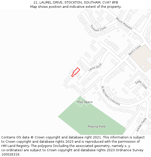 21, LAUREL DRIVE, STOCKTON, SOUTHAM, CV47 8FB: Location map and indicative extent of plot