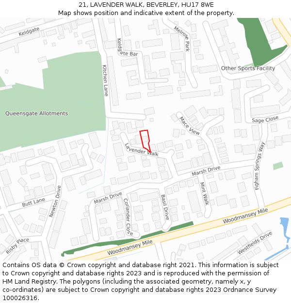 21, LAVENDER WALK, BEVERLEY, HU17 8WE: Location map and indicative extent of plot