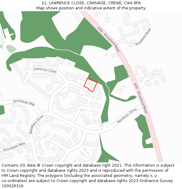 21, LAWRENCE CLOSE, CRANAGE, CREWE, CW4 8FA: Location map and indicative extent of plot