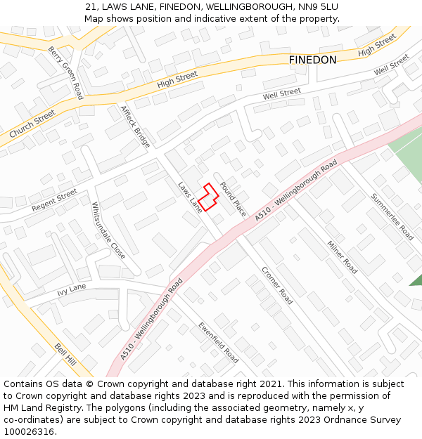 21, LAWS LANE, FINEDON, WELLINGBOROUGH, NN9 5LU: Location map and indicative extent of plot