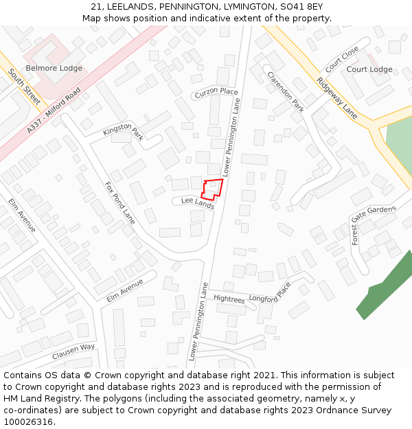 21, LEELANDS, PENNINGTON, LYMINGTON, SO41 8EY: Location map and indicative extent of plot