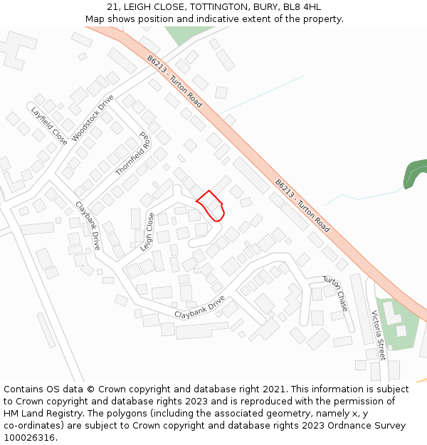 21, LEIGH CLOSE, TOTTINGTON, BURY, BL8 4HL: Location map and indicative extent of plot