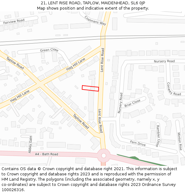 21, LENT RISE ROAD, TAPLOW, MAIDENHEAD, SL6 0JP: Location map and indicative extent of plot