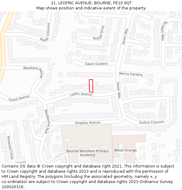 21, LEOFRIC AVENUE, BOURNE, PE10 9QT: Location map and indicative extent of plot