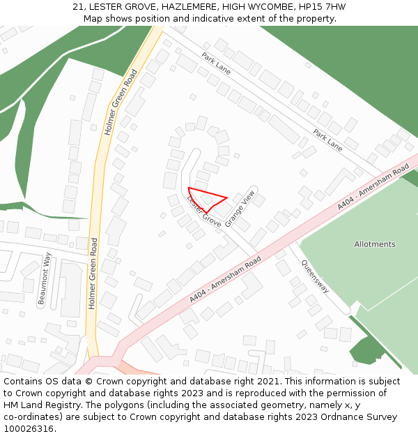 21, LESTER GROVE, HAZLEMERE, HIGH WYCOMBE, HP15 7HW: Location map and indicative extent of plot