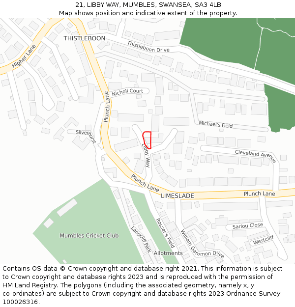 21, LIBBY WAY, MUMBLES, SWANSEA, SA3 4LB: Location map and indicative extent of plot