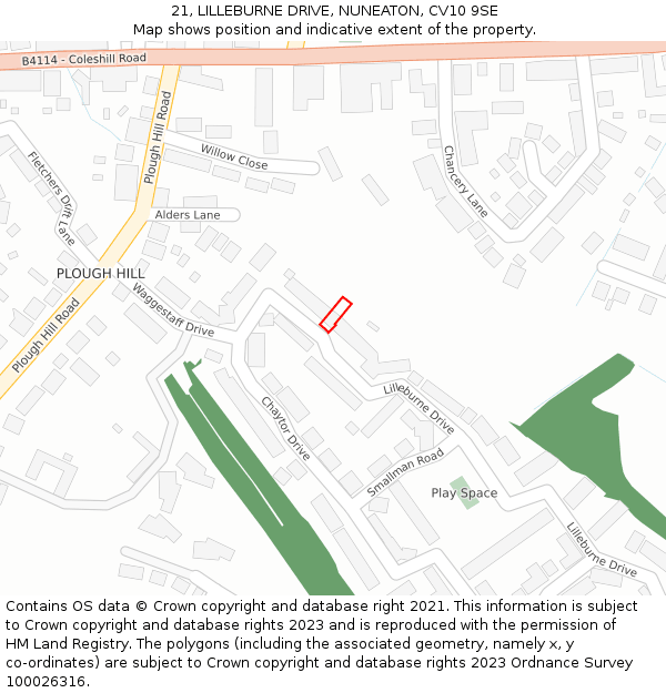 21, LILLEBURNE DRIVE, NUNEATON, CV10 9SE: Location map and indicative extent of plot