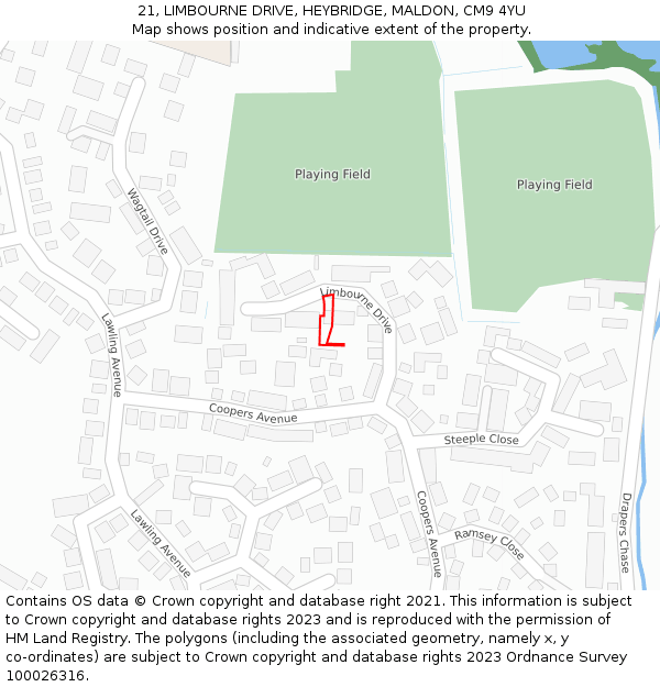 21, LIMBOURNE DRIVE, HEYBRIDGE, MALDON, CM9 4YU: Location map and indicative extent of plot