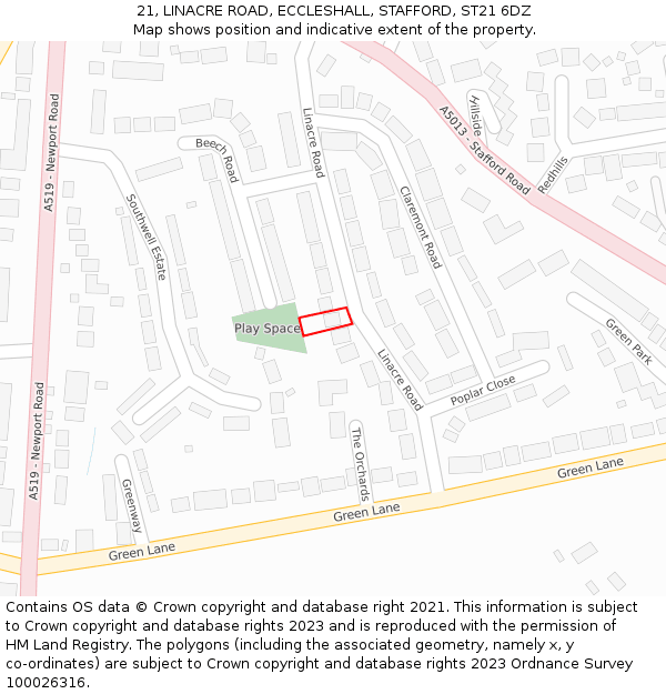 21, LINACRE ROAD, ECCLESHALL, STAFFORD, ST21 6DZ: Location map and indicative extent of plot