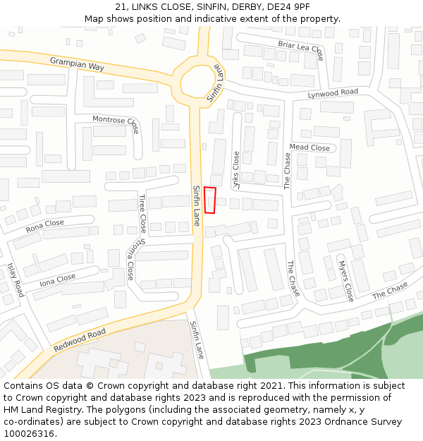 21, LINKS CLOSE, SINFIN, DERBY, DE24 9PF: Location map and indicative extent of plot