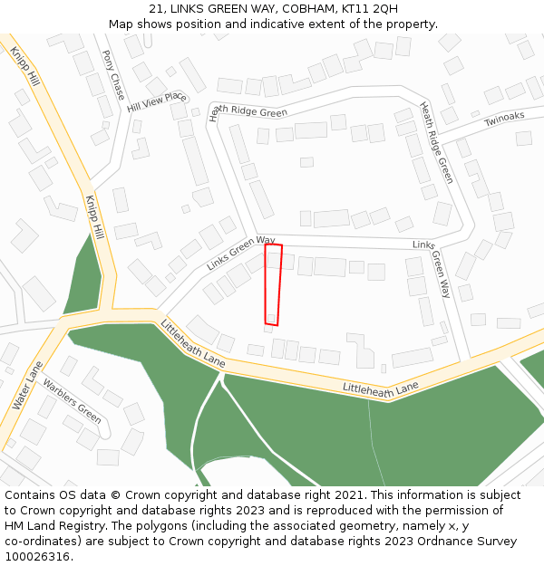 21, LINKS GREEN WAY, COBHAM, KT11 2QH: Location map and indicative extent of plot