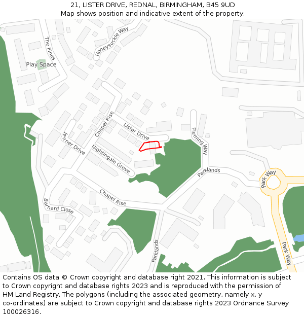 21, LISTER DRIVE, REDNAL, BIRMINGHAM, B45 9UD: Location map and indicative extent of plot