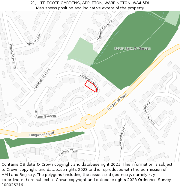 21, LITTLECOTE GARDENS, APPLETON, WARRINGTON, WA4 5DL: Location map and indicative extent of plot