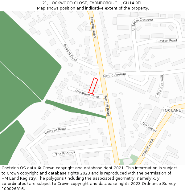 21, LOCKWOOD CLOSE, FARNBOROUGH, GU14 9EH: Location map and indicative extent of plot