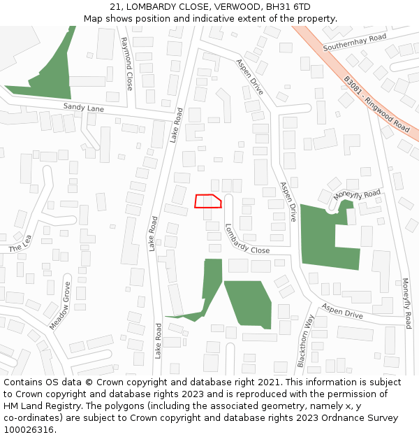 21, LOMBARDY CLOSE, VERWOOD, BH31 6TD: Location map and indicative extent of plot