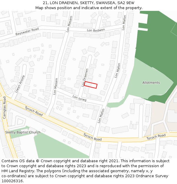 21, LON DRAENEN, SKETTY, SWANSEA, SA2 9EW: Location map and indicative extent of plot
