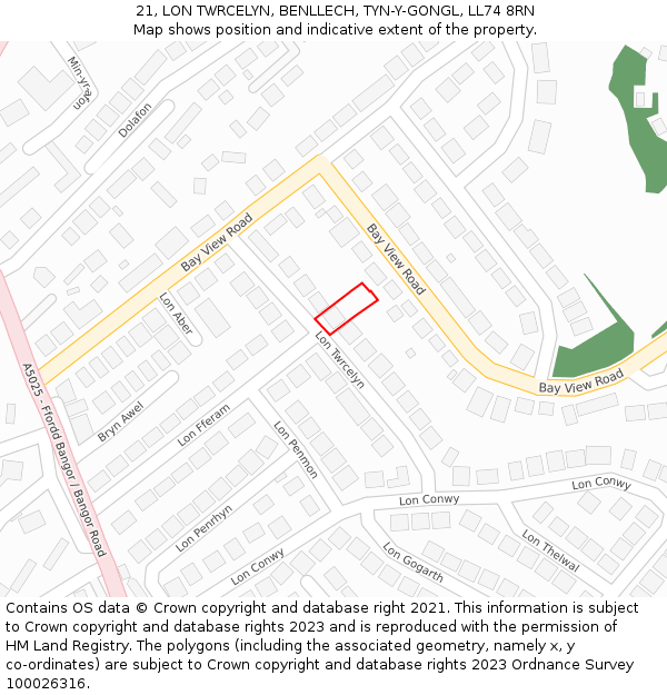 21, LON TWRCELYN, BENLLECH, TYN-Y-GONGL, LL74 8RN: Location map and indicative extent of plot
