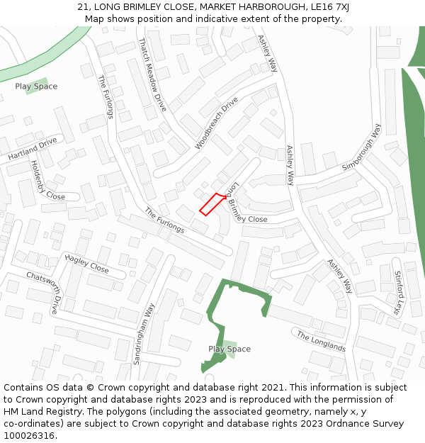 21, LONG BRIMLEY CLOSE, MARKET HARBOROUGH, LE16 7XJ: Location map and indicative extent of plot