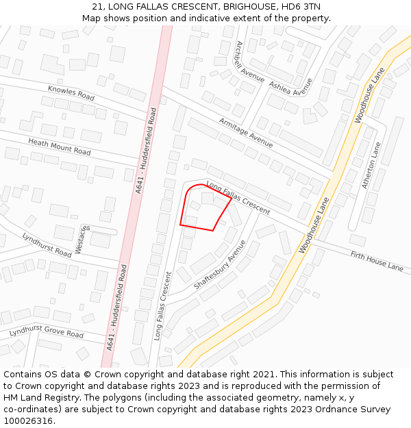 21, LONG FALLAS CRESCENT, BRIGHOUSE, HD6 3TN: Location map and indicative extent of plot