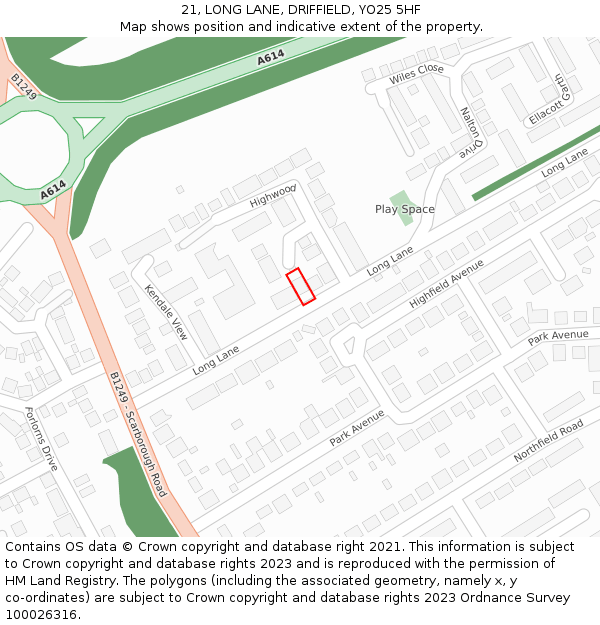 21, LONG LANE, DRIFFIELD, YO25 5HF: Location map and indicative extent of plot