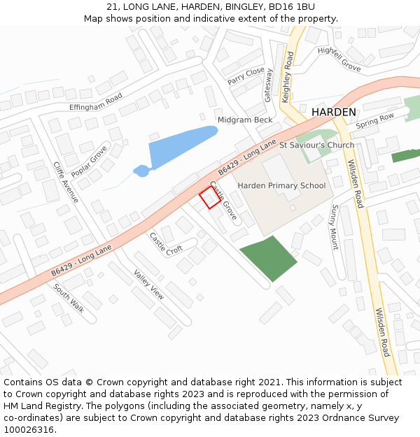 21, LONG LANE, HARDEN, BINGLEY, BD16 1BU: Location map and indicative extent of plot