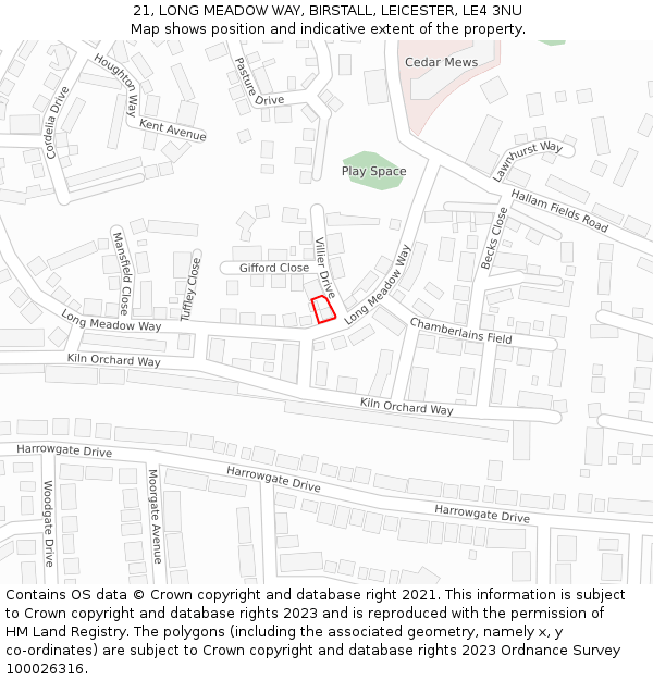 21, LONG MEADOW WAY, BIRSTALL, LEICESTER, LE4 3NU: Location map and indicative extent of plot