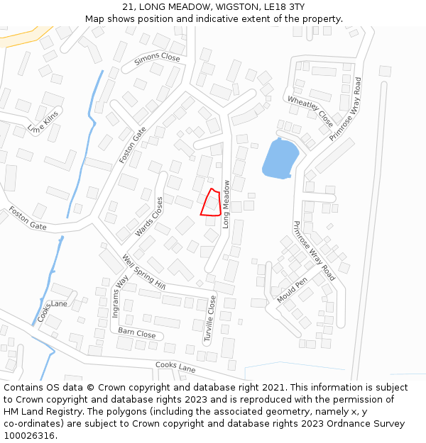 21, LONG MEADOW, WIGSTON, LE18 3TY: Location map and indicative extent of plot