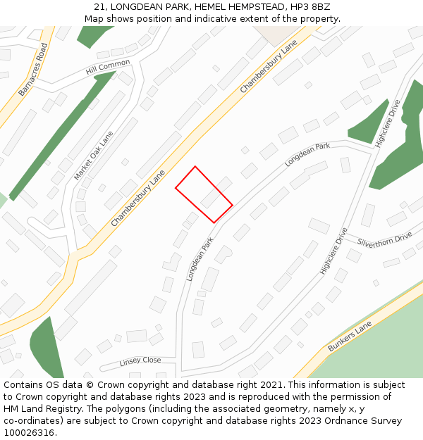 21, LONGDEAN PARK, HEMEL HEMPSTEAD, HP3 8BZ: Location map and indicative extent of plot