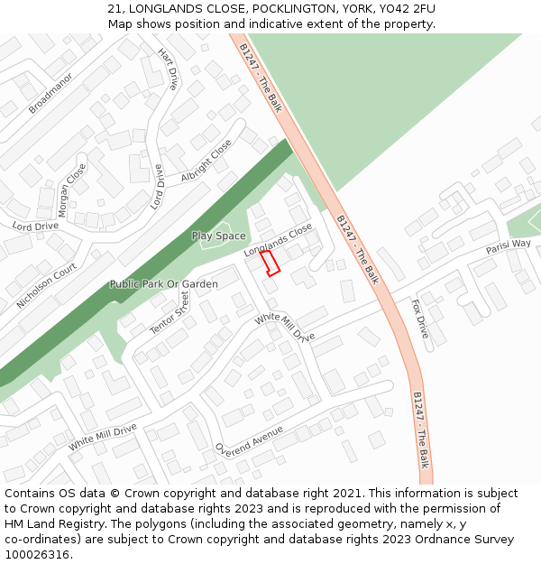 21, LONGLANDS CLOSE, POCKLINGTON, YORK, YO42 2FU: Location map and indicative extent of plot