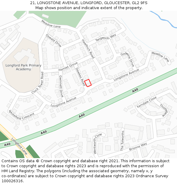 21, LONGSTONE AVENUE, LONGFORD, GLOUCESTER, GL2 9FS: Location map and indicative extent of plot