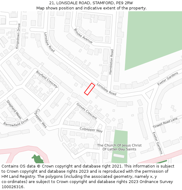 21, LONSDALE ROAD, STAMFORD, PE9 2RW: Location map and indicative extent of plot