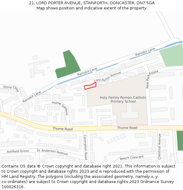 21, LORD PORTER AVENUE, STAINFORTH, DONCASTER, DN7 5GA: Location map and indicative extent of plot