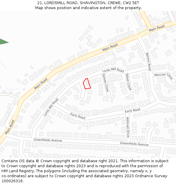 21, LORDSMILL ROAD, SHAVINGTON, CREWE, CW2 5ET: Location map and indicative extent of plot