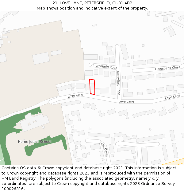 21, LOVE LANE, PETERSFIELD, GU31 4BP: Location map and indicative extent of plot