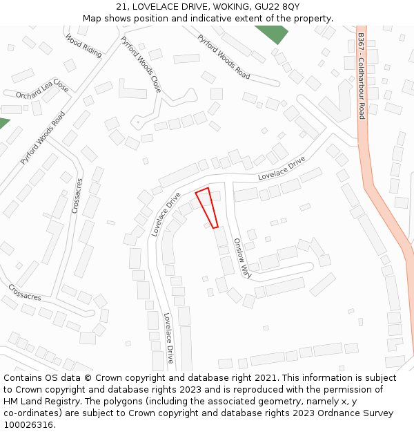 21, LOVELACE DRIVE, WOKING, GU22 8QY: Location map and indicative extent of plot
