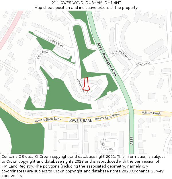 21, LOWES WYND, DURHAM, DH1 4NT: Location map and indicative extent of plot